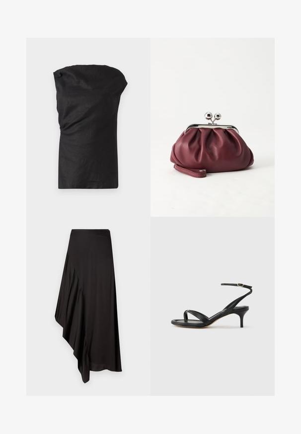 Zwarte mouwloze top van een lichte, gestructureerde stof. Beschikt over een gedrapeerde halslijn en een losse pasvorm met een rechte zoom.; AERON ASTER SKIRT - Kokerrok - black; Zwarte leren dames sandaal met dunne bandjes, een teengreep, een enkelgesp en een stilettohak van gemiddelde hoogte op een neutrale achtergrond.; Kleine bordeauxrode leren clutch-portemonnee met zilverkleurige metalen sluiting en polsbandje op een witte achtergrond.