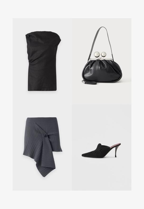 Top sans manches noir en tissu léger et texturé. Dispose d'un col drapé et d'une coupe décontractée avec un ourlet droit.; Jupe enveloppante à côtes gris foncé avec un design torsadé et un accent de bouton noir rond. Fabriquée dans un matériau texturé et extensible.; Mule noir à talon haut avec bout pointu, tissu doux à texture froncée sur le devant et talon aiguille fin.; Sac à main en cuir noir avec un design plissé, une sangle unique, un cadre métallique argenté et deux grandes fermoirs ronds en argent.