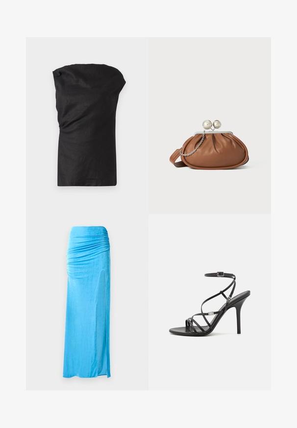 Zwarte mouwloze top van een lichte, gestructureerde stof. Beschikt over een gedrapeerde halslijn en een losse pasvorm met een rechte zoom.; Blauwe velours maxi rok met geraffineerde details in de taille, met een zijsplit en een gladde textuur voor een vloeiende silhoeet.; Zwarte hoge hakken sandaal met dunne banden, een enkelgesp, een gladleren oppervlak en een slanke stilettohak.; Bruine leren clutch met een zilveren balsluiting en een klein zilveren kettingdetail op een witte achtergrond.