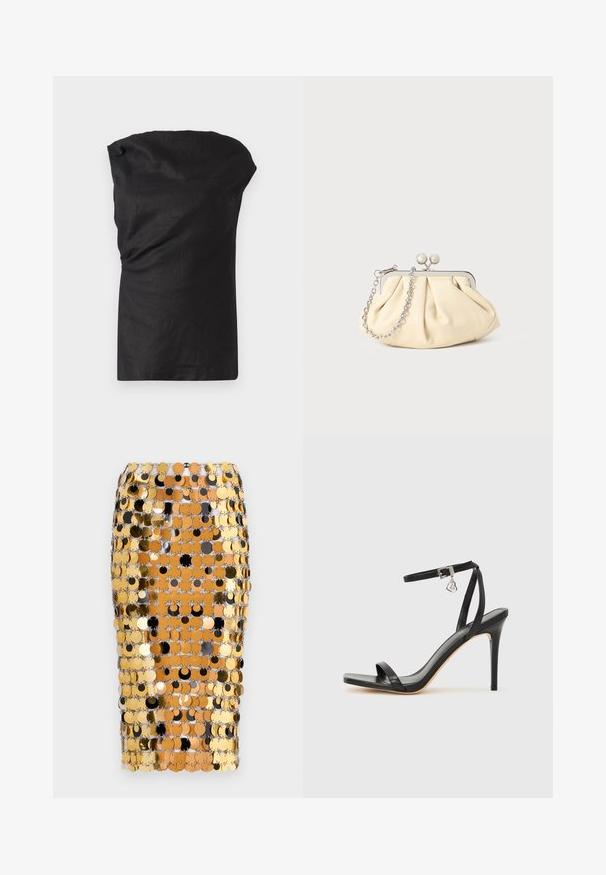 Schwarzes ärmelloses Oberteil aus leichtem, strukturiertem Stoff. Mit einem drapierten Ausschnitt und einem lässigen Schnitt mit geradem Saum.; Rabanne Bleistiftrock - brown/black; Schwarze High-Heel-Sandale mit schmalem Knöchelriemen, quadratischer Zehenbox, glattem Leder und metallischem Schnallenakzent.; Faltige beigefarbene Ledertasche mit einem silbernen Metallrahmen, ausgestattet mit zwei runden dekorativen Verschlüssen und einem silbernen Kettenriemen.
