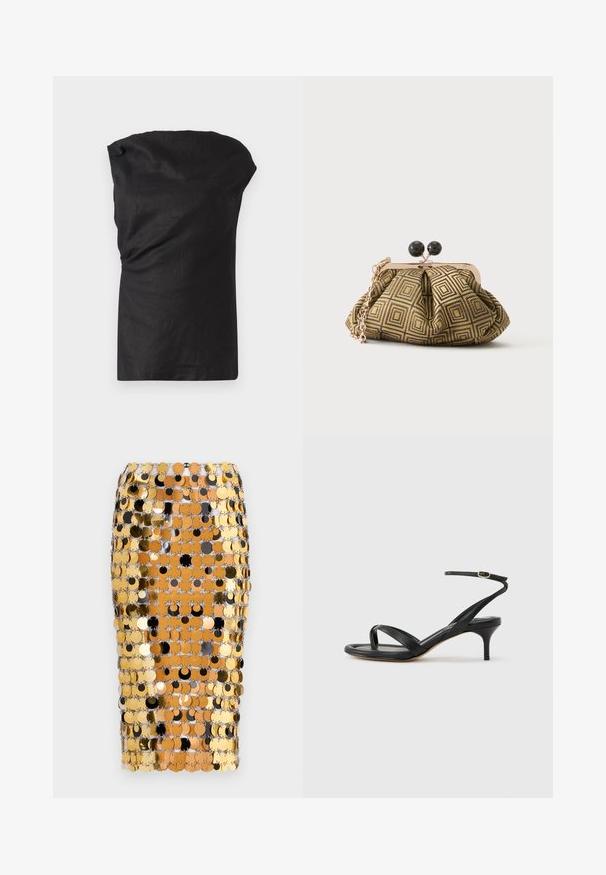Top sans manches noir en tissu léger et texturé. Dispose d'un col drapé et d'une coupe décontractée avec un ourlet droit.; Rabanne Jupe crayon - brown/black; Sandale pour femme en cuir noir avec fines lanières, une boucle d'orteil, une boucle à la cheville et un talon aiguille de hauteur moyenne sur un fond neutre.; Petite pochette avec motif géométrique doré et noir, cadre en métal doré, fermeture à boule noire et une courte chaîne dorée.