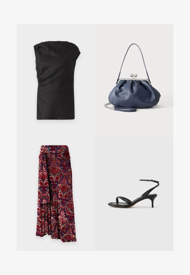 Top sans manches noir en tissu léger et texturé. Dispose d'un col drapé et d'une coupe décontractée avec un ourlet droit.; Rabanne Jupe longue - tapestry/navy/burgundy/red/cream; Sandale pour femme en cuir noir avec fines lanières, une boucle d'orteil, une boucle à la cheville et un talon aiguille de hauteur moyenne sur un fond neutre.; Sac à main en cuir bleu marine doux avec fermeture à boucle argentée, une seule bandoulière, et une chaîne de poignet amovible sur fond blanc.