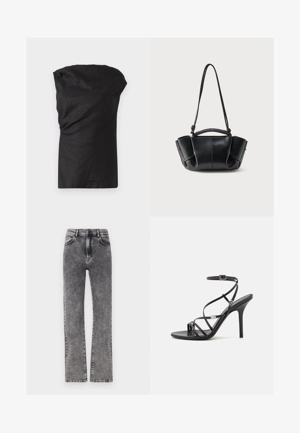 Sort ærmeløs top i et let, struktureret stof. Har en draperet halsudskæring og en afslappet pasform med en lige kant.; Grå denim højtaljede jeans med lige ben design, der har subtil whiskering og standard fem-lomme stil.; Sort højhælet sandal med tynde stropper, en ankelspænde, en glat læderoverflade og en slank stilethæl.; Sort læderhåndtaske med en buet silhuet, opsamlede sider, flettet håndtag og en lang tynd rem mod en hvid baggrund.