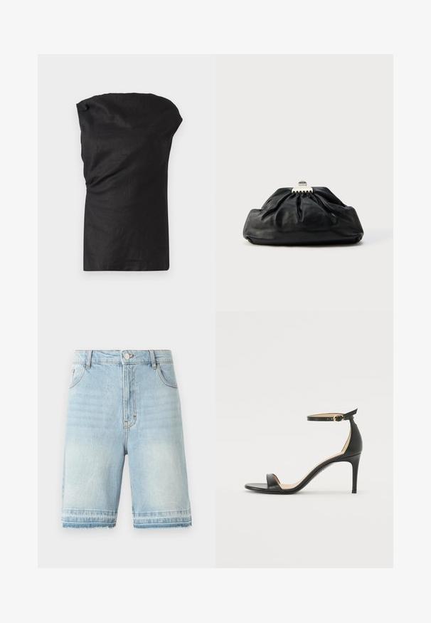 Schwarzes ärmelloses Oberteil aus leichtem, strukturiertem Stoff. Mit einem drapierten Ausschnitt und einem lässigen Schnitt mit geradem Saum.; Hellblaue Jeansshorts mit fransigem Saum, Fünf-Taschen-Design und normaler Taille mit Knopfverschluss. Dezente Ausbleichungen überall.; Schwarze Leder-high-heeled Sandale mit Knöchelriemen. Verfügt über eine glatte Textur, offene Zehen und einen dünnen Absatz. Goldfarbener Schnallenakzent.; Schwarze Leder-Clutch mit geraffter Textur, Metallverschluss und dezentem, auf der Vorderseite geprägtem Logo. Abgerundete Form.