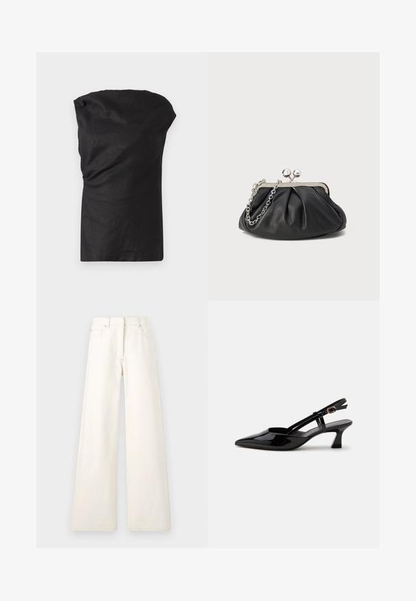 Top sans manches noir en tissu léger et texturé. Dispose d'un col drapé et d'une coupe décontractée avec un ourlet droit.; Pantalons larges de couleur crème en denim avec des coutures visibles et des poches. Le design présente une taille haute et une coupe droite.; Chaussure slingback en cuir verni noir à petit talon, bout pointu et bride réglable avec boucle dorée sur fond blanc.; Porte-monnaie en cuir noir avec texture froncée, cadre en métal argenté, fermeture à verrouillage kiss-lock et bandoulière en chaîne. Surface lisse et douce.