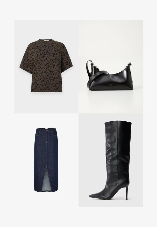 Sort top med korte ærmer, bred pasform og mørkebrun blomsterprint over det hele, med rund halsudskæring og et Marimekko-mærke.; Mørkeblå denim blyantskørt med en frontslids, der har gul syning og det klassiske fem-lomme design. Lynlåslukning bagpå.; Sort knæhøj læderstøvle med spids tå og tynd høj hæl mod en ensfarvet hvid baggrund.; Sort læderhåndtaske med en glat tekstur. Har en justerbar stropp og et enkelt, minimalistisk design med lynlås.