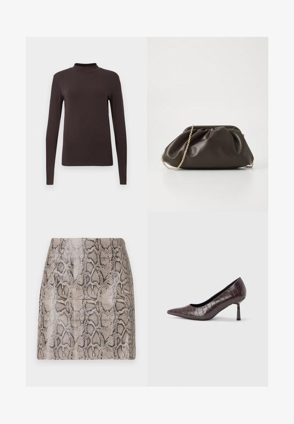 Langærmet turtleneck top lavet af mørkebrunt stof. Har et tætsiddende design og en glat tekstur uden synlige mønstre eller hardware.; En tætsiddende miniskørt med en blank, struktureret faux slangeskindsprint i nuancer af beige og sort, med en glat overflade og uden synlige lukninger.; Brune kunstlæder stiletter med spidse tæer og krokodilletekstur, der har en slank, vinklet hæl og en glat inderside.; Brun læderhandtaske med en sammensnøring, guld kædestrop og blød, struktureret overflade. Kompakt form velegnet til aftensbrug.