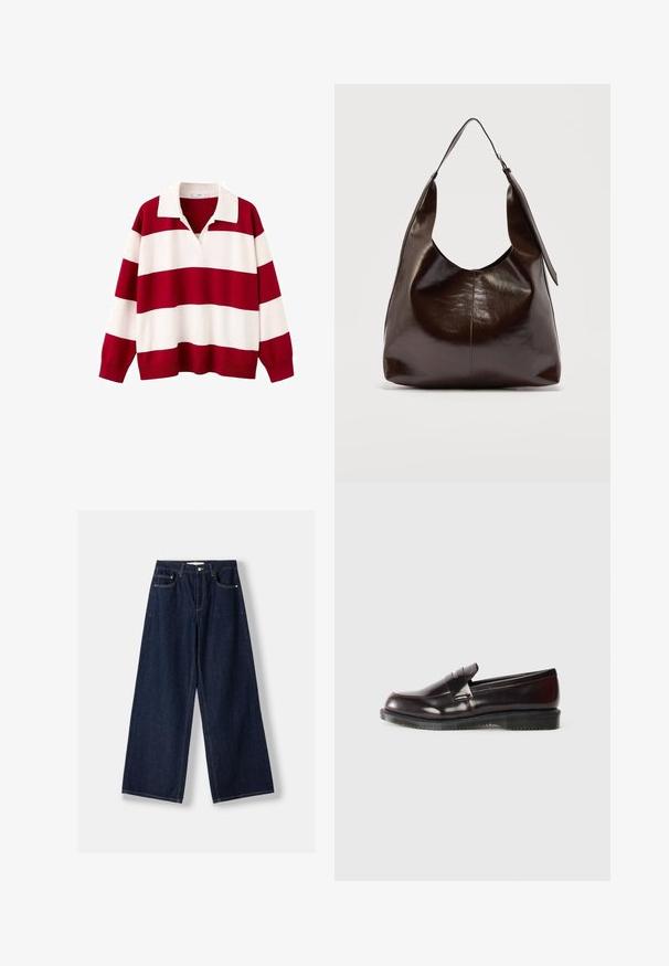 Chemise de rugby à manches longues avec de larges rayures horizontales rouges et blanches et un col blanc sur un fond blanc.; Jean en denim bleu foncé à jambes larges avec fermeture avant par bouton et zip, poches avant et passants pour ceinture, posé à plat sur un fond blanc.; Mocassins en cuir bordeaux avec une surface lisse, un détail de couture surélevé et une semelle en caoutchouc. Conçus avec un bout arrondi et un matériel minimal.; Sac à bandoulière en cuir marron foncé brillant avec une seule large sangle et un détail de boucle sur un côté, posé sur un fond clair uni.