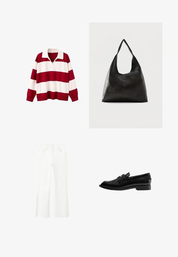 Chemise de rugby à manches longues avec de larges rayures horizontales rouges et blanches et un col blanc sur un fond blanc.; Jean blanc taille haute avec jambes droites, design à cinq poches, fermeture par bouton et détail d'ourlet brut aux chevilles.; Mocassin en cuir noir avec une finition brillante, bout légèrement pointu, design sans lacets, et un petit talon rectangulaire avec détails cousus.; Sac bandoulière en cuir noir lisse avec une large sangle unique et un design décontracté et minimaliste sur un fond uni.