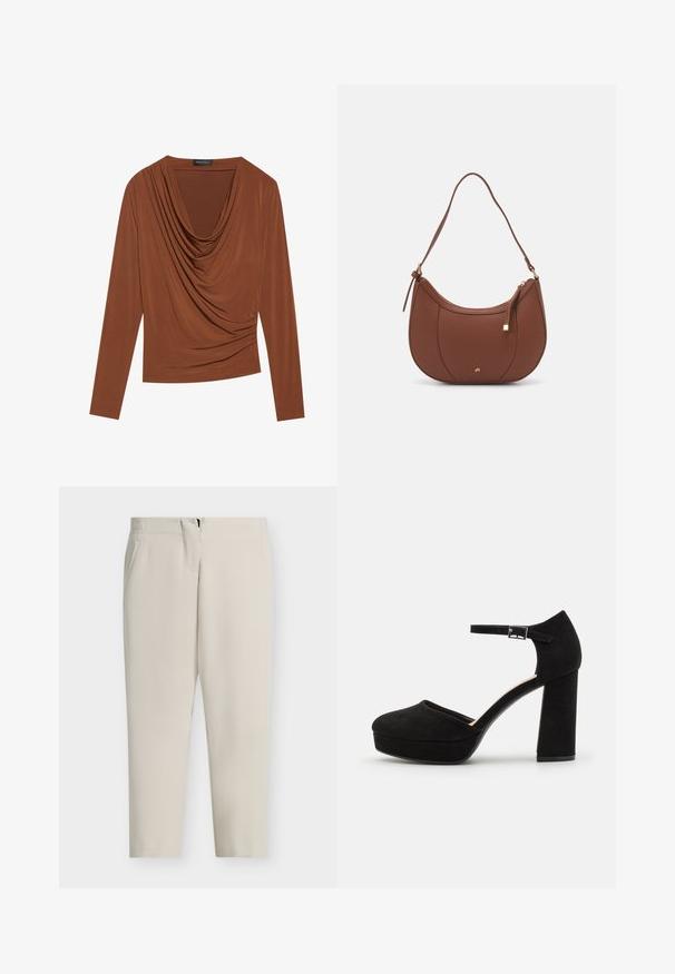Haut à manches longues en marron foncé, avec un décolleté drapé et des détails froncés sur les côtés, fabriqué en tissu lisse et extensible.; Pantalon beige sur mesure avec une coupe droite, poches latérales et fermeture éclair frontale. Tissu lisse avec un design épuré et minimaliste.; Talons compensés en suède noir avec un gros talon carré, bout rond et bride de cheville fixée par une boucle en métal. Texture lisse sur l'ensemble.; Sac à épaule en faux cuir brun, de forme arrondie, avec des coutures minimales et un accent en matériel doré. Il possède une fermeture zippée sur le dessus et une sangle réglable.