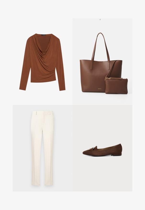 Haut à manches longues en marron foncé, avec un décolleté drapé et des détails froncés sur les côtés, fabriqué en tissu lisse et extensible.; Pantalon habillé couleur crème avec passants pour ceinture et coupe slim, présenté à plat sur un fond gris clair.; Chaussure plate marron à bout pointu avec détail décoratif de boucle sur le dessus, sur fond clair uni.; Sac fourre-tout en simili cuir marron avec deux longues poignées et une pochette assortie. La surface présente un motif texturé et des accents en métal doré.