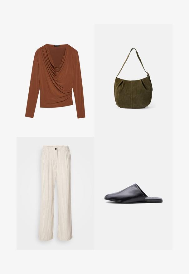 Haut à manches longues en marron foncé, avec un décolleté drapé et des détails froncés sur les côtés, fabriqué en tissu lisse et extensible.; Pantalon large beige clair à rayures verticales, avec ceinture élastique et fermeture à bouton. Fabriqué en tissu texturé pour une coupe décontractée.; Mule en cuir noir à enfiler, avec un bout pointu et une semelle plate, présenté de profil sur un fond blanc.; Sac bandoulière en daim vert olive avec une sangle, un détail de couture centrale et une tirette de fermeture éclair latérale, sur un fond clair uni.