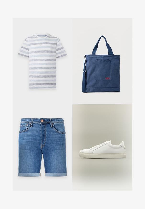 Kurzärmeliges T-Shirt mit Rundhalsausschnitt und horizontalen hellblauen und grauen strukturierten Streifen auf weißem Hintergrund.; Denim-Shorts in einem mittleren Blauton mit umgeschlagenen Säumen, Fünf-Taschen-Design, Messingknopfverschluss und kontrastierenden Nähten.; Weißer Sneaker mit niedrigem Schaft, vorn mit Schnürung und dicker Sohle, aus der Seitenansicht vor neutralem Hintergrund.; Blauer Canvas-Einkaufstasche mit Vordertasche und roter "O.N.S" Stickerei, ausgestattet mit zwei Griffen und einem verstellbaren Schulterriemen.