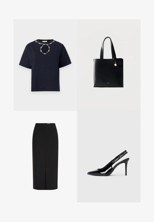 Chemise à manches courtes bleu marine avec un col rond orné d'un motif circulaire de bijoux près du col.; Jupe crayon midi noire taille haute avec une fente frontale et une fermeture éclair dissimulée sur fond blanc.; Escarpin noir en cuir verni avec un design à bout pointu,Featuring une section découpée et une sangle élastique embossée du nom de la marque.; Sac cabas en cuir noir avec doubles anses, petit emblème doré et logo Furla en lettres dorées au centre avant.