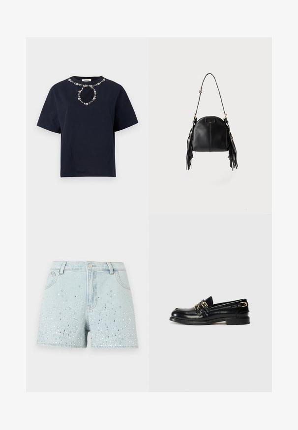 Chemise à manches courtes bleu marine avec un col rond orné d'un motif circulaire de bijoux près du col.; Shorts en denim bleu clair avec des ornements en strass argentés et blancs dispersés sur le devant, dotés de passants pour ceinture, d'un bouton et de poches.; Mocassins en cuir noir avec une finition brillante, dotés de deux boucles dorées et d'un talon bas. Texture lisse avec un design à bout arrondi.; Sac à main en cuir noir avec une forme courbée, une longue bandoulière réglable et des franges de chaque côté sur un fond clair.
