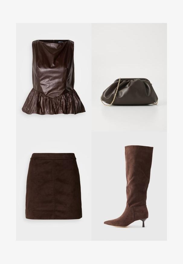 Braunes Leder-Peplum-Top mit rundem Ausschnitt, strukturiertem Oberflächen und einem ausgestellten Volant am Saum. Sauberes, minimalistisches Design.; Brauner Wildleder-Minirock mit glatter Oberfläche, tailliertem Schnitt und vertikalen Nahtdetails. Minimalistisches Design ohne zusätzliche Verzierungen.; Braune Wildleder-Stiefel in Kniehöhe mit spitzem Zehenbereich, schlankem Absatz und glatter Textur; zeichnet sich durch ein tailliertes Design und minimalistische Schneiderkunst aus.; Braune Lederhandtasche mit gerafftem Design, goldenen Kettenriemen und weicher, strukturierter Oberfläche. Kompakte Form, die sich für den abendlichen Gebrauch eignet.