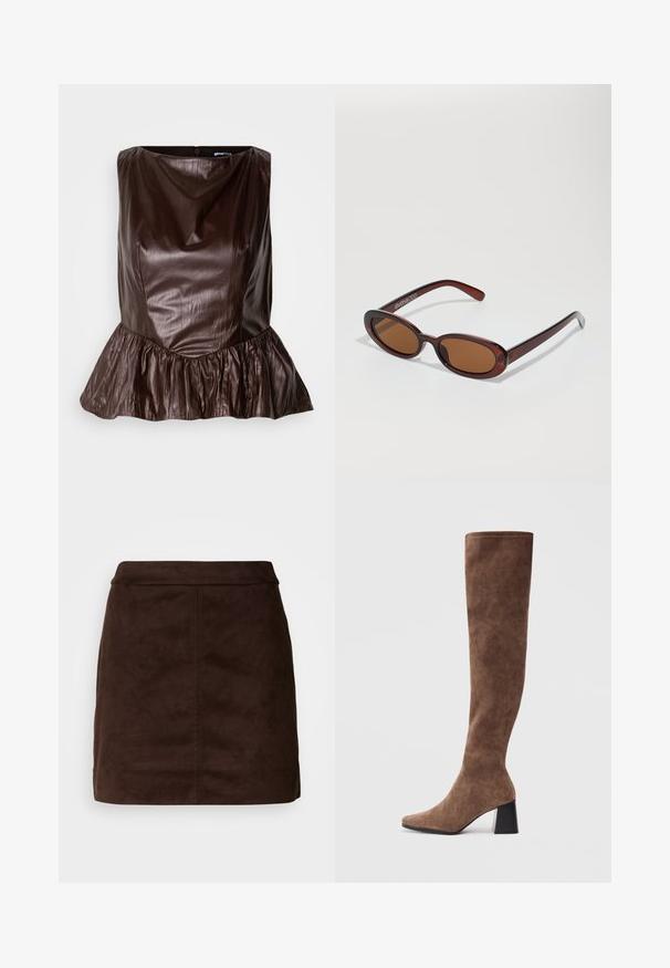 Haut peplum en cuir marron avec un col rond, une surface texturée et un volant évasé au niveau de l'ourlet. Design épuré et minimaliste.; Jupe mini en suede marron avec une texture lisse, taille ajustée et détails de coutures verticales. Design minimaliste sans embellissements supplémentaires.; Bottes marron au-dessus du genou en suede doux avec un bout pointu et un talon épais noir. Le design présente des coutures sans couture pour un look élégant.; Lunettes de soleil rondes teinte brun avec une monture bordeaux brillante. Branches fines avec un détail de marque subtil. Design de verres plats.
