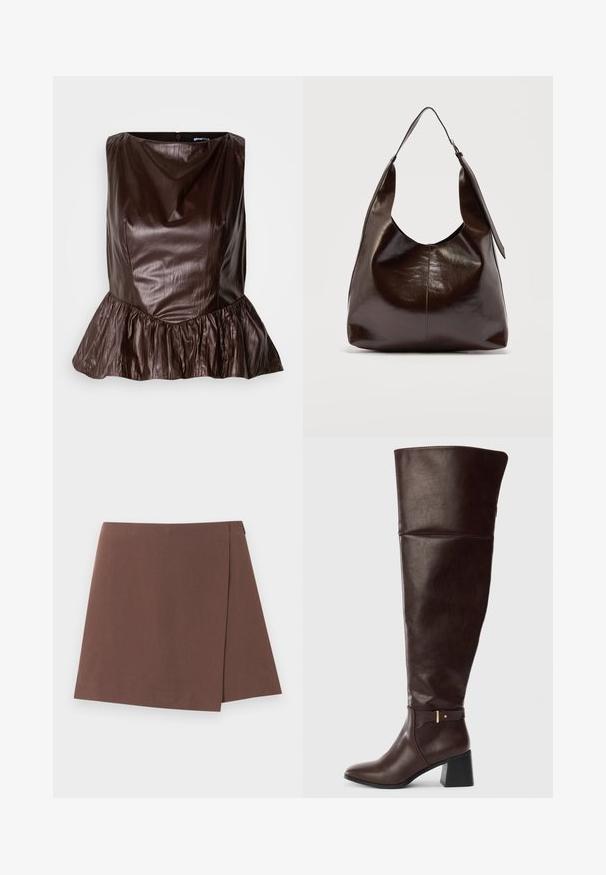 Bruin leren peplum top met een ronde halslijn, textuur en een flared ruche aan de onderkant. Strak, minimalistisch ontwerp.; Bruine A-lijn rok met een subtiel detail van een overlappende voorkant, gemaakt van gladde stof, getoond tegen een effen lichte achtergrond.; Donkerbruine leren kniehoogte laars met blokhak en decoratieve riemdetails aan de zijkant, getoond tegen een effen lichte achtergrond.; Donkerbruine glanzende leren schoudertas met een enkele brede riem en gespsdetail aan één kant, tegen een effen lichte achtergrond.