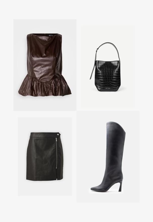 Braunes Leder-Peplum-Top mit rundem Ausschnitt, strukturiertem Oberflächen und einem ausgestellten Volant am Saum. Sauberes, minimalistisches Design.; Schwarzer Lederrock mit strukturiertem Oberflächendesign, seitlichem Reißverschluss und sportlichem gestepptem Saum. Verfügt über einen dezenten Druckknopfverschluss an der Taille.; Schwarzer kniehoher Stiefel aus Leder mit spitzer Zehe und schlankem Absatz. Glatte Textur und minimalistisches Design, mit einem hohen Schaft ohne Verzierungen.; Schwarze Beuteltasche aus krokodilhautgeprägtem Leder mit einem einzelnen Schulterriemen und kleinem silbernen Markenlogo vorne unten in der Mitte.