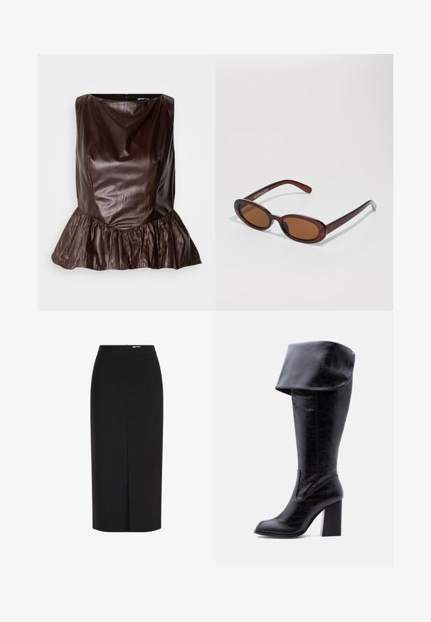 Brun læder peplum top med en rund halsudskæring, tekstureret overflade og en flared flæse ved kanten. Rent, minimalistisk design.; Sort midi pencilnederdel med høj talje, frontslids og skjult lynlås på hvid baggrund.; Høj sort læderstøvle med hæl, foldet kant og rund tå, stående oprejst på en hvid baggrund.; Runde, bruntonede solbriller med en glansfuld bordeauxramme. Slanke arme med diskret brandingdetalje. Flad linsedesign.