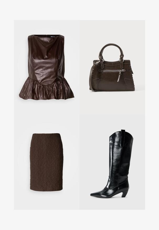 Brun læder peplum top med en rund halsudskæring, tekstureret overflade og en flared flæse ved kanten. Rent, minimalistisk design.; Brun knælang nederdel lavet af tekstureret stof med en krøllet overflade. Har et tætsiddende design og ingen synlige lukninger eller accenter.; Sorte læderknæhøje støvler med spids tå, lav hæl og dekorative syninger på siderne. Glat, blank overflade.; Brun læderhåndtaske med top-håndtag, lynlåslomme foran og vævede detaljer på siderne. Glat tekstur og struktureret form.