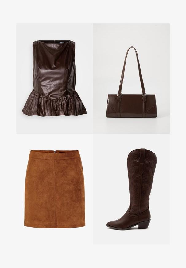 Haut peplum en cuir marron avec un col rond, une surface texturée et un volant évasé au niveau de l'ourlet. Design épuré et minimaliste.; Mini jupe en daim marron avec une texture lisse, coupe droite et une fermeture à glissière arrière discrète. Présente des détails de couture pour apporter de la structure.; Botte de cowboy haute en cuir marron avec des coutures détaillées, un bout pointu et un talon bloc sur un fond clair uni.; Sac à main en cuir verni marron de forme rectangulaire, avec deux longues poignées et des accents courbés subtils à l'avant.