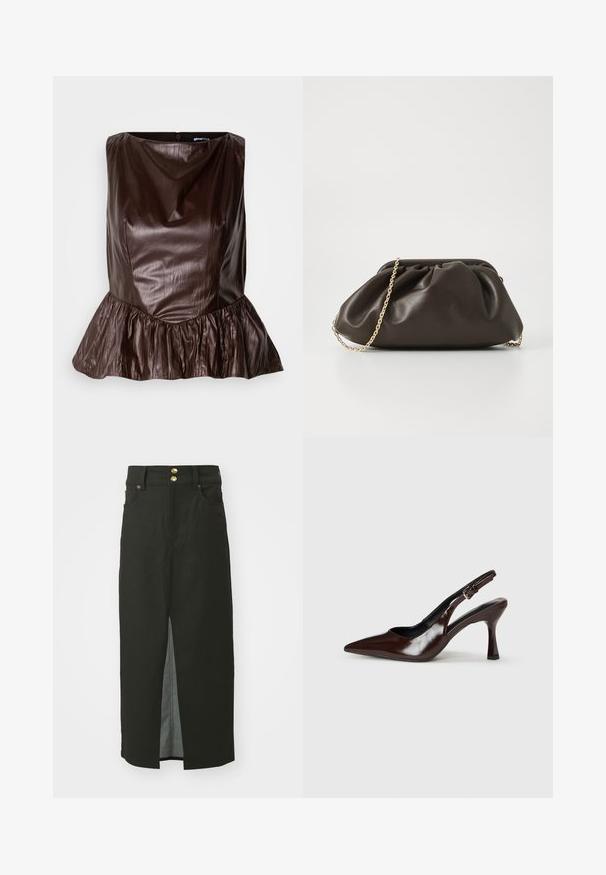 Brun læder peplum top med en rund halsudskæring, tekstureret overflade og en flared flæse ved kanten. Rent, minimalistisk design.; Sort denimnederdel med høj talje, to guld knaplukninger, slids foran og sidelommer. Glat tekstur og knælangt design.; Brune patenterede læderslingback-sandaletter med spids tå, en tynd hæl og justerbar rem med en lille spænde.; Brun læderhandtaske med en sammensnøring, guld kædestrop og blød, struktureret overflade. Kompakt form velegnet til aftensbrug.
