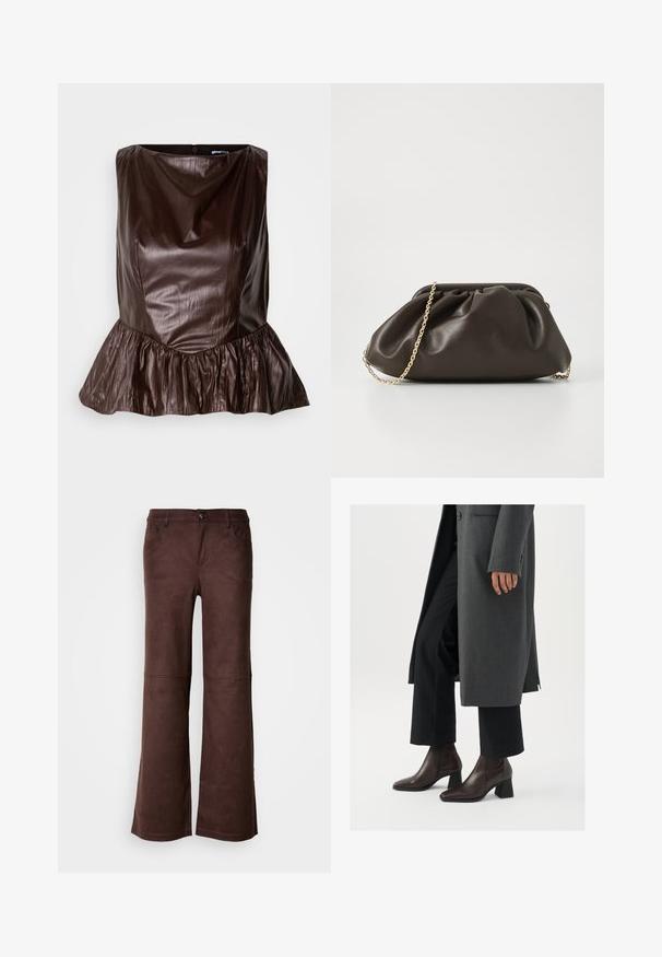 Bruin leren peplum top met een ronde halslijn, textuur en een flared ruche aan de onderkant. Strak, minimalistisch ontwerp.; Bruine flared pants van een zachte, suede-achtige stof. Beschikt over vier zakken, een knoopsluiting en een gladde, gestructureerde oppervlakte.; Hogehakige enkellaarsjes van donkerbruin leer met een spitse neus en blokhak, gecombineerd met zwarte broeken en een grijze jas.; Bruine leren handtas met een geaccentueerd ontwerp, gouden kettinghengsel en een zachte, textuurafwerking. Compacte vorm geschikt voor avondgebruik.