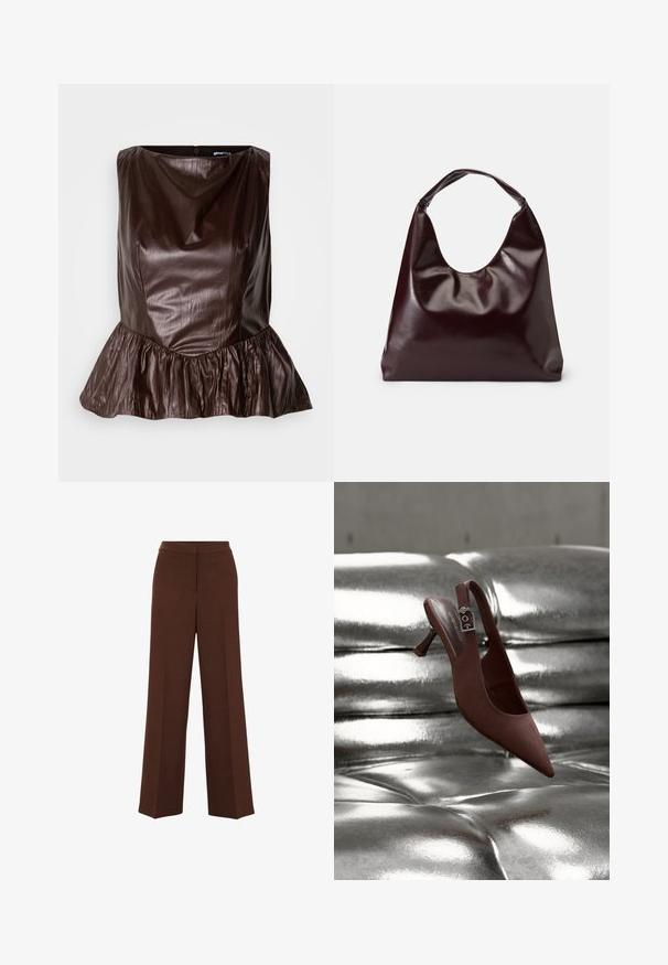 Pruunist nahast peplum-top, millel on ümar kaelus, tekstuuriga pind ja helkiv äär. Puhtne, minimalistlik disain.; Pruunid laiad püksid siledast materjalist, millel on struktureeritud puusavöö ja peened voldi detailsed jooned, mis kulgevad mööda ettepidi.; Pruun terav slingback-kinga madala kontsaga ja pandlaga rihm, mis puhkab läikival metallik-hõbedasel tuft-pinnal.; Burgundia, läikiv vegan nahast kott pehme, skulpturaalse kuju ja laia, kõverda käepidemega mugavaks kandmiseks.