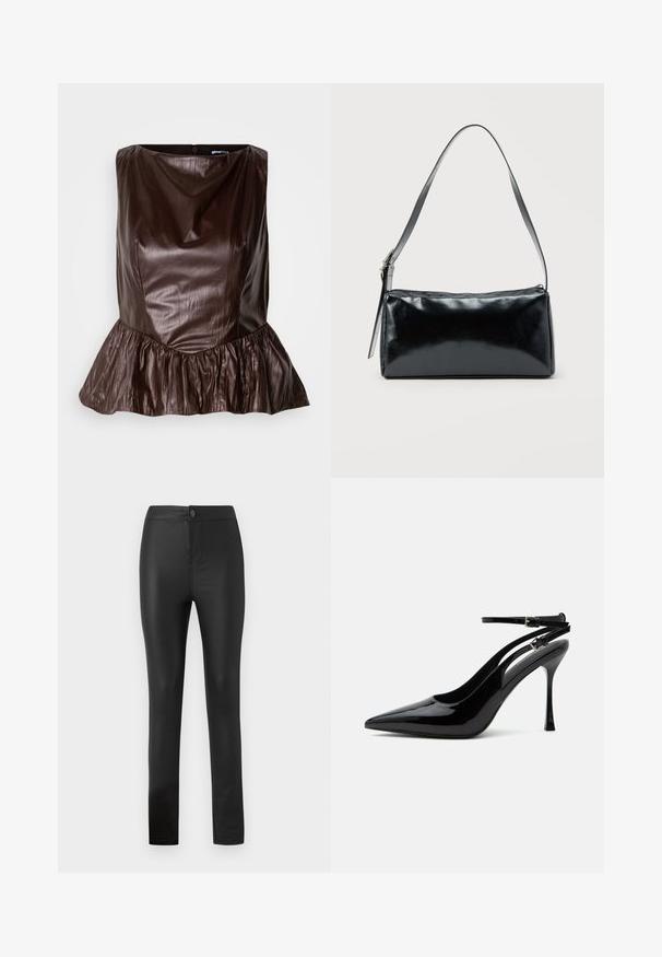 Bruin leren peplum top met een ronde halslijn, textuur en een flared ruche aan de onderkant. Strak, minimalistisch ontwerp.; Zwarte legging gemaakt van rekbaar, glad materiaal met een aansluitend ontwerp, voorzien van een voorknop en ritssluiting, en rechte pijpen.; Zwarte lakleren pumps met hoge hak, spits toelopende neus en dubbele enkelbandjes met zilveren gespen.; Zwarte rechthoekige schoudertas met een enkele verstelbare band en een bovenste ritssluiting op een effen achtergrond.
