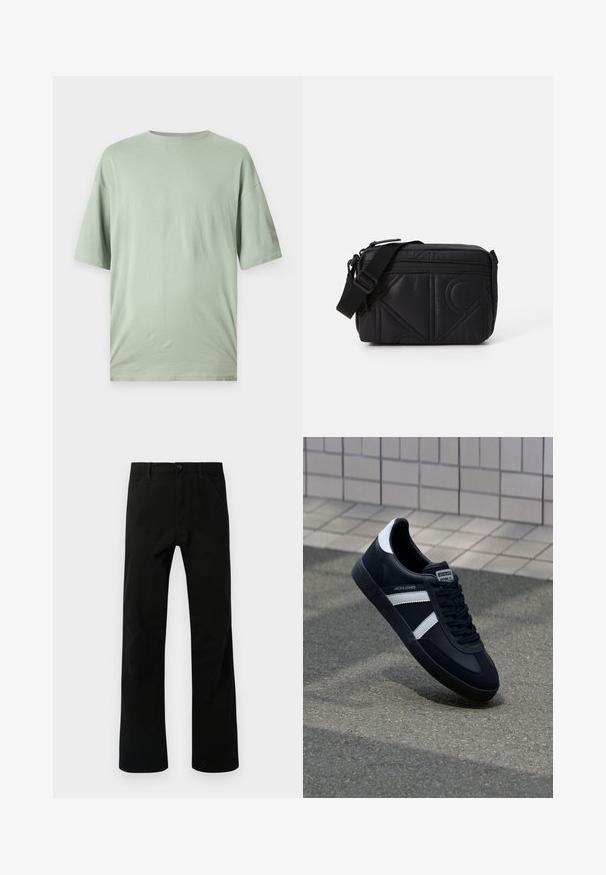 Camiseta de manga corta verde claro hecha de tejido suave. Presenta un cuello redondo y un corte holgado sin patrones ni adornos visibles.; Pantalones negros de pierna recta con bolsillos frontales, cierre de botón y trabillas para cinturón, mostrados sobre un fondo blanco.; Zapatilla de cuero negra con rayas blancas, suela de goma texturizada y parte frontal con cordones. Cuenta con una etiqueta de marca en la lengüeta.; Bolso cruzado negro acolchado con un patrón geométrico, que cuenta con un cierre de cremallera y una correa ajustable para mayor comodidad.