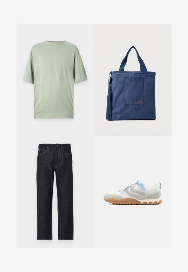 Camiseta de manga corta verde claro hecha de tejido suave. Presenta un cuello redondo y un corte holgado sin patrones ni adornos visibles.; Jeans de mezclilla azul oscuro con un diseño de pierna recta, costuras amarillas, cinco bolsillos y un cierre frontal de botón.; Zapatilla blanca y gris claro con cordones azul claro y suela de goma color beige, vista desde el lado exterior sobre un fondo liso.; Bolso tote de lona azul con bolsillo frontal y bordado rojo "O.N.S", con asas dobles y una correa ajustable para el hombro.