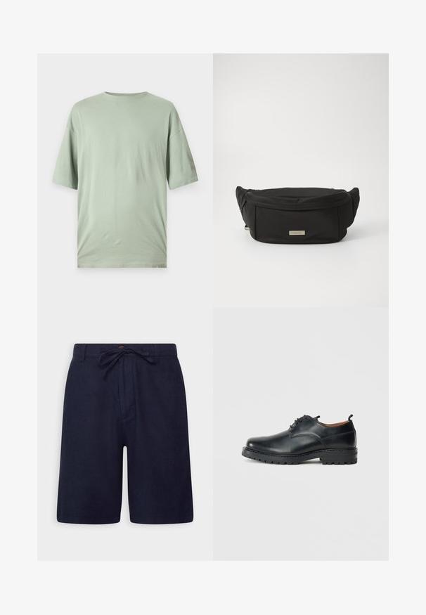 T-shirt vert clair à manches courtes en tissu doux. Caractérisé par un col rond et une coupe décontractée, sans motifs ni embellissements visibles.; Shorts bleu marine en tissu léger, dotés d'une taille à cordon de serrage, d'une fermeture à bouton et de poches latérales. Texture lisse et coupe ajustée.; Chaussures derby en cuir noir avec une texture lisse, bout rond, design à lacets et une semelle en caoutchouc épaisse et robuste.; Sacoche en nylon noir avec une texture lisse, une forme incurvée et un compartiment zippé à l'avant. Présente une plaque de logo dorée.