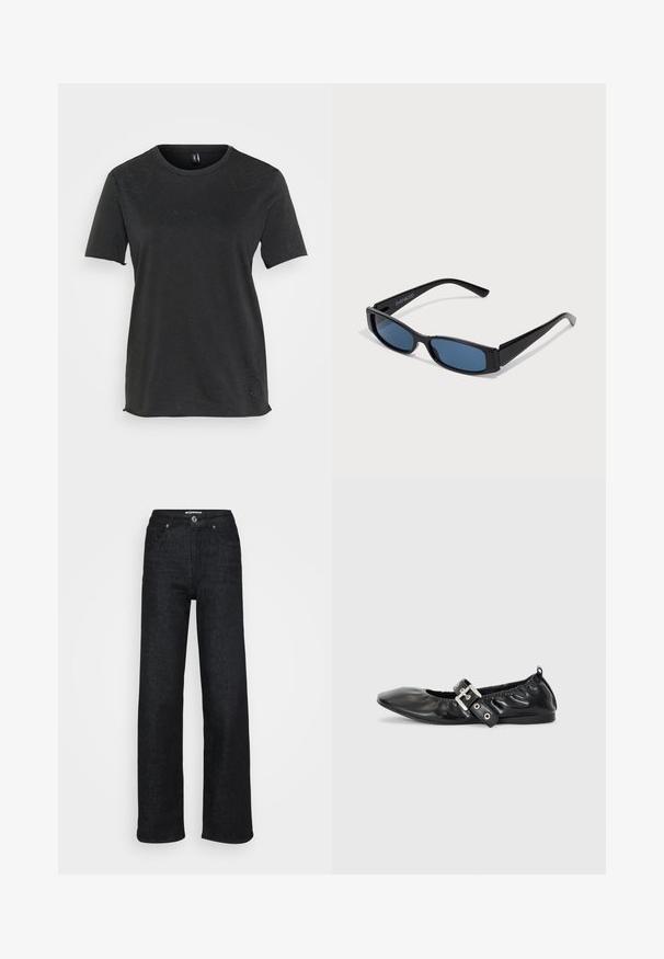 Sort kortærmet t-shirt lavet af bomuld med hjerteformede rhinesten-detaljer foran. Rund halsudskæring og afslappet pasform.; Bredde ben sorte denimjeans med høj talje, forsynet med en frontlukning med knap, fem lommer og en glat tekstur.; Sorte læder flade sko med spids tå, samling detaljer omkring åbningen, og en sølv spænde accent på den justerbare rem.; Sorte solbriller med en slank rektangulær ramme og blå linser. Har en glat overflade og robuste stænger. Mærkets logo på siden.