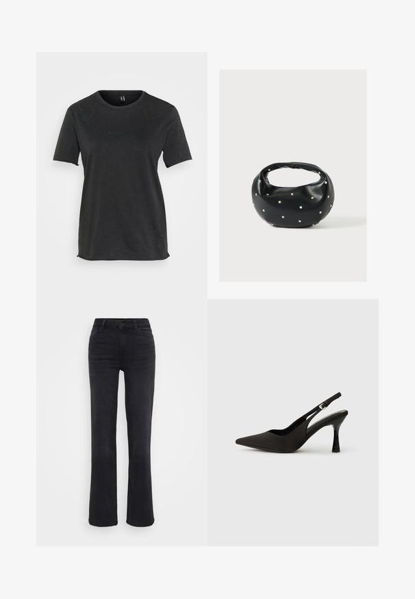 T-shirt noir à manches courtes en coton avec des accents de strass en forme de cœur sur le devant. Encolure ronde et coupe décontractée.; Jean en denim noir à coupe droite, avec une fermeture à bouton à l'avant, cinq poches et des détails de couture subtils.; Chaussures à talons noires avec une bride, à bout pointu, finition mate lisse et talon fin brillant. Sangle ajustable avec petit détail de boucle.; Sac à main en cuir noir de forme arrondie, décoré de clous argentés et équipé d'une poignée courte. Texture lisse et fermeture éclair.