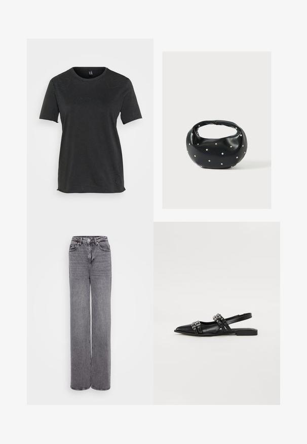 Sort kortærmet t-shirt lavet af bomuld med hjerteformede rhinesten-detaljer foran. Rund halsudskæring og afslappet pasform.; Grå højtaljede jeans med lige ben, knap- og lynlåslukning, fem lommer og en tekstureret denimfinish.; Even&Odd by Zalando Slingback-ballerinasko - black; Sort læderhåndtaske med en rundet form, dekoreret med sølvnitter, og et kort håndtag. Glat tekstur og lynlåslukning.