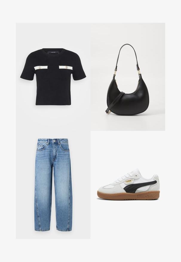 Sort t-shirt med korte ærmer og rund halsudskæring, der har to hvide lommer og guldknapper. Materialet ser blødt og tætsiddende ud.; Lyseblå straight-leg denim jeans med høj talje, knaplukning og for- og møntlomme.; Hvide lædersneakers med en sort ruskindsstribe, gummigummisål og guldbranding på siden. Snørebånddesign med en afrundet tå.; Sort læder håndtaske med en buet form, udstyret med en top-lynlås, et kort håndtag og en aftagelig crossbody-strop. Gyldne hardware-accenter.