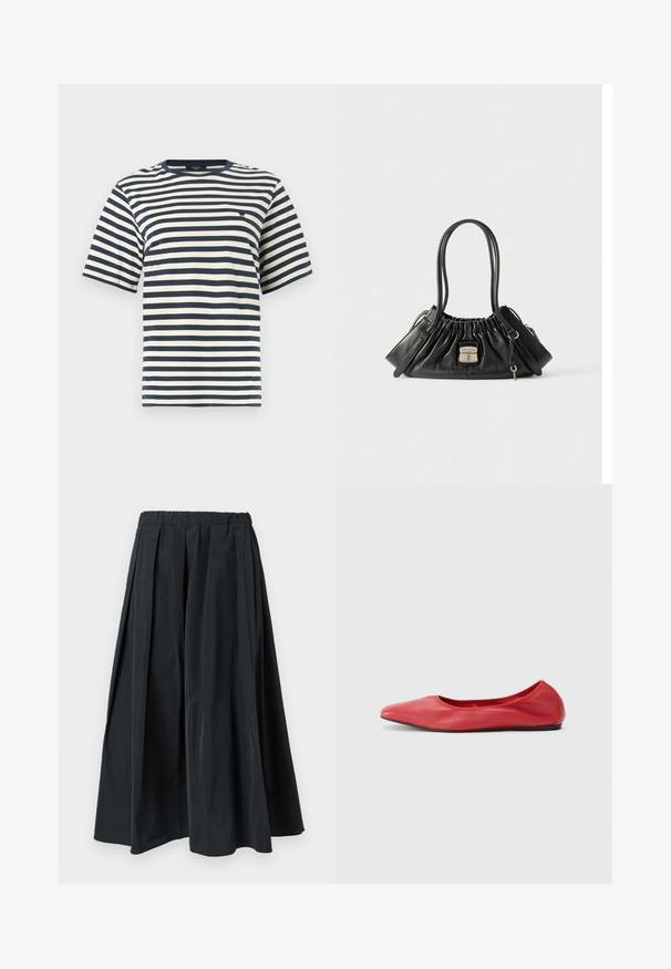 T-shirt à manches courtes avec col ras du cou, rayures horizontales bleu marine et blanches, et petit logo noir brodé sur la poitrine.; Pantalon noir à jambes larges plissé avec une ceinture élastique, fabriqué en tissu léger, suspendu sur un fond blanc uni.; Filippa K REY FLATS - Ballerines - bright red; Sac à main en cuir noir avec un haut froncé, deux bretelles, des compartiments latéraux zippés et un fermoir en argent portant l'étiquette "Marc Jacobs" avec un petit charme en forme de clé.