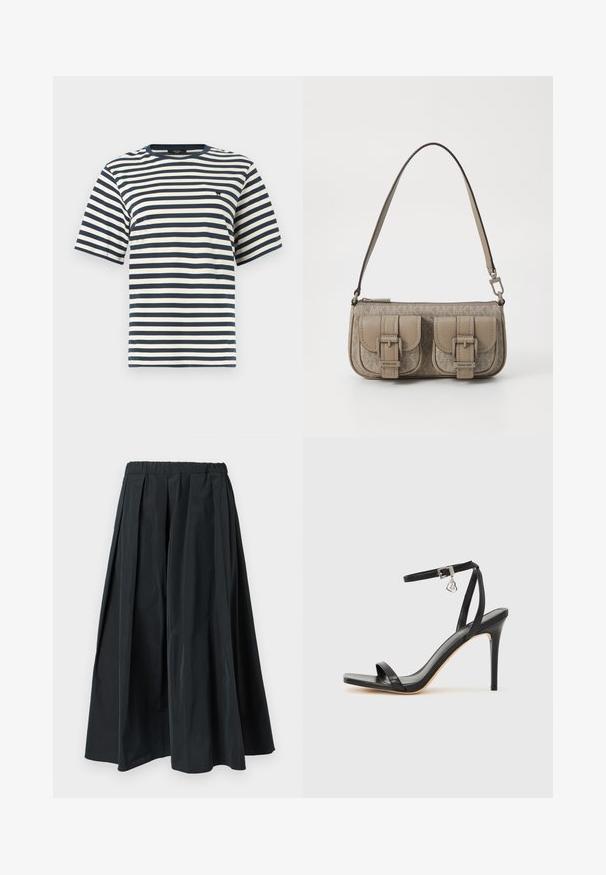 T-shirt à manches courtes avec col ras du cou, rayures horizontales bleu marine et blanches, et petit logo noir brodé sur la poitrine.; Pantalon noir à jambes larges plissé avec une ceinture élastique, fabriqué en tissu léger, suspendu sur un fond blanc uni.; Sandale à talon haut noire avec une bride étroite à la cheville, bout carré, cuir lisse et accent de boucle métallique.; Sac à main beige avec accents de double boucle, surface texturée, fermeture éclair et une sangle réglable unique. Comprend un détail de logo sur le devant.