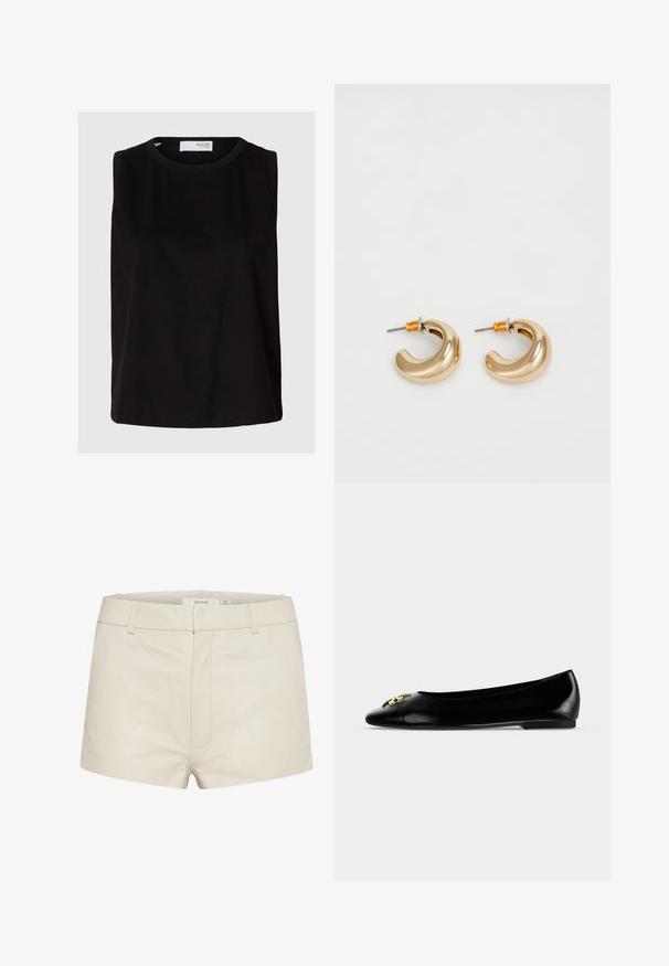 Zwart mouwloos topje met een ronde hals. Gemaakt van zacht materiaal, met een relaxte pasvorm en een schone, eenvoudige uitstraling. Effen zonder patronen.; Beige leren shorts met een gladde textuur, voorzien van een aansluitende taille, riemlussen en subtiele stiksels aan de voorkant. Eenvoudig, hedendaags ontwerp.; Zwarte leren platte schoen met een gouden decoratieve gesp op de afgeronde neus en een lage hak tegen een witte achtergrond.; Twee glanzende gouden hoepel oorbellen in een gebogen ontwerp, met oranje accenten bij de oorpost, tegen een eenvoudige witte achtergrond.