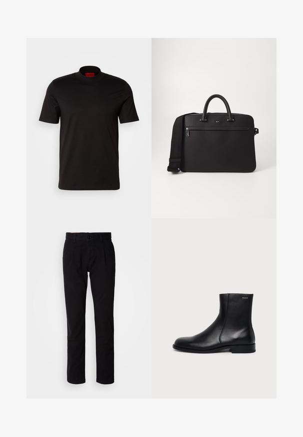 T-shirt noir à manches courtes avec un design à col haut. Fabriqué en tissu lisse. Présente une étiquette de marque rouge à l'intérieur du col.; Chinos en coton noir avec une coupe droite, dotés d'un devant plat, de passants pour ceinture et d'une fermeture à un seul bouton. Texture lisse sans motifs visibles.; Bottine en cuir noir à talon bas, couture latérale et petit logo "HUGO" sur le revers supérieur sur un fond uni.; Sac en cuir noir avec une texture lisse, deux poignées supérieures et une bandoulière amovible. Il dispose d'une poche avant zippée et de détails de logo.