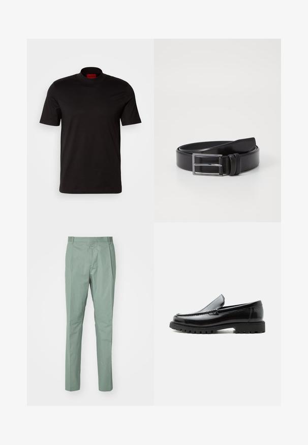 T-shirt noir à manches courtes avec un design à col haut. Fabriqué en tissu lisse. Présente une étiquette de marque rouge à l'intérieur du col.; Pantalons vert clair à coupe droite, avec une taille plate, deux poches latérales et une texture de tissu lisse. Pas de motifs ni de matériel visible.; Mocassin en cuir noir avec semelle en caoutchouc épaisse, dessus cousu et nom de marque embossé sur le talon, présenté de profil sur fond blanc.; Ceinture en cuir noir au toucher lisse, dotée d'une boucle rectangulaire en argent et d'un double détail de broche. Design classique et polyvalent.