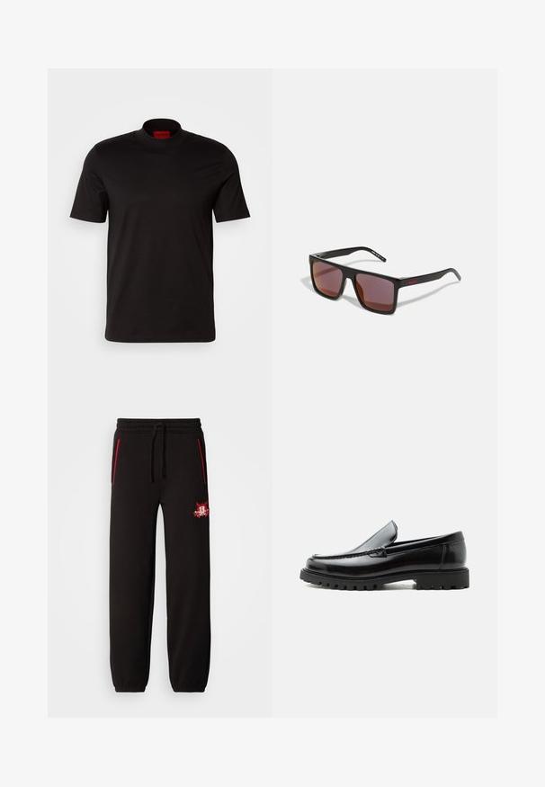 Sort kortærmet t-shirt med høj hals design. Fremstillet af glat stof. Har et rødt mærke på indersiden af kraven.; Sorte sweatpants med elastisk talje, røde accent lynlåse og et fremtrædende broderet logo på venstre lår. Glat tekstur, tætsiddende fit.; Sort læderloafer med chunky gummisål, syet overdel og præget mærkenavn på hælen, vist i sideprofil på hvid baggrund.; Sorte rektangulære solbriller med mørkerøde linser, med en mat finish og rød logo på stangen. Solid plastikramme.