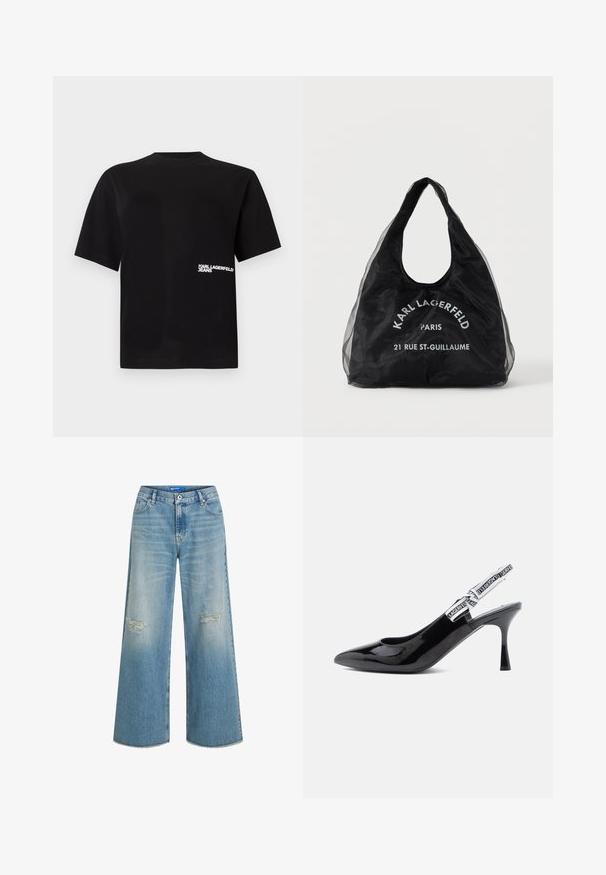 Must must t-särk, millel on ümar kaelus ja lühikesed varrukad, vasakul küljel valge tekstiga "Karl Lagerfeld Jeans".; Heledad sinine denimpüksid, millel on kulunud põlvete kohad ja narmendav äär. Klassikaline viie tasku disain ja nööpkinne.; Must musta nahkaga slingback kontsaga kingad, terava ninaga, mõõduka kontsaga ja rihmaga, mille ääres on julged valged brändingud.; Must korduvkasutatav kandekott läbipaistvate külgedega, esiküljel valge tekstiga „Karl Lagerfeld Paris 21 Rue St-Guillaume“.
