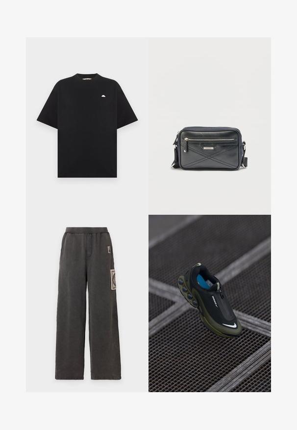 Schwarzes T-Shirt mit kurzen Ärmeln und einem kleinen weißen Halbkreis-Logo auf der linken Brust, flach auf einem hellgrauen Hintergrund liegend.; Weite Hosen aus dunkelgrauem Stoff, mit einem dekorativen Aufnäher auf der vorderen Tasche und einem elastischen Bund für mehr Komfort.; Schwarze und olivfarbene Nike Air Max Schuhe mit einem glatten Obermaterial, Reißverschluss und auffälligen Luftpolsterelementen in der Sohle. Blaue Innensohle sichtbar.; Schwarze Umhängetasche mit vorderer Reißverschlusstasche, diagonalen Steppnähten, silbernem Metalllogo "Iceberg" und verstellbarem Riemen vor einfachem Hintergrund.