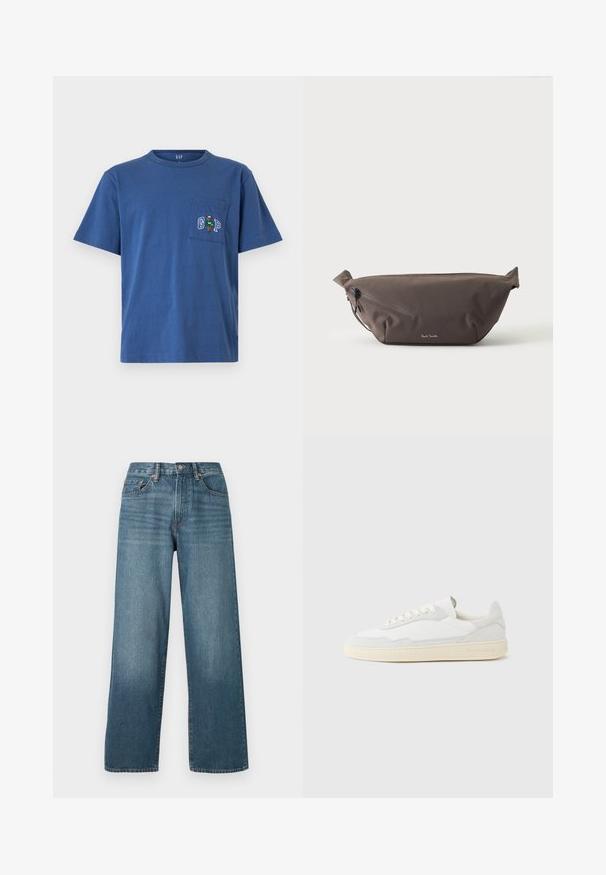 Blå T-shirt med korte ærmer og rund hals med en brystlomme med en lille broderet bjørn iført en grøn sweater og bogstaverne "G" og "P".; Bredde ben mørkeblå denim jeans med knaplukning, bæltestropper og en falmet struktur. Har fem lommer og kontrastsyninger.; Hvid sneakers med en øvre del i tekstureret ruskind og læder. Har rundet tå, snørelukning og kontrasterende beige gummisål.; Mørkebrun stof talje taske med diagonalt lynlåslomme og lille hvidt logo på fronten, sat mod en ensfarvet lys baggrund.