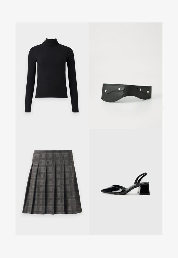 Suéter negro de cuello alto de canalé con mangas largas, diseño ajustado, textura suave y cuello alto. Sin patrones ni adornos visibles.; Falda plisada en un patrón de cuadros grises, hecha de una tela texturizada. Presenta pliegues verticales y un dobladillo recto.; Zapatos de tacón slingback de charol negro con punta afilada y tacón geométrico en bloque. Presentan un diseño elegante y minimalista, así como una textura suave.; Cinturón de cuero negro con dos bolsillos redondeados, asegurados con botones a presión plateados. Textura suave, diseño ligeramente curvado.