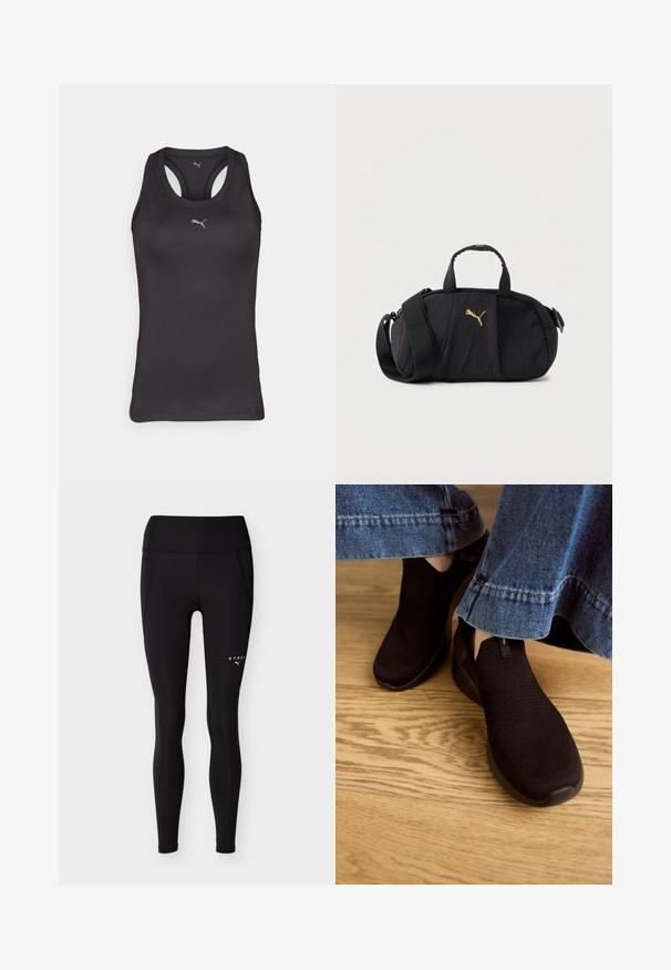 Camiseta atlética negra sin mangas con un diseño de espalda racer, hecha de un tejido suave, que presenta un pequeño logo gris en el centro del frente.; Leggings ajustados negros de cintura alta con costuras laterales y pequeños logotipos blancos de "HYROX" y Puma en el muslo superior.; Zapatos negros sin cordones con parte superior de punto texturizado y abertura elástica. Tienen una forma de puntera redondeada y una suela baja con amortiguación, usados con un dobladillo de mezclilla.; Bolso cruzado negro con textura, con asas superiores, correa ancha ajustable y pequeño logo dorado de Puma centrado en el frente.