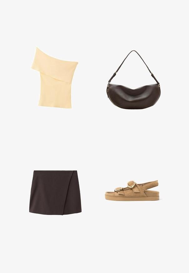Haut en tricot côtelé couleur crème, à épaules dénudées, avec un large col plié et une coupe ajustée.; Mini-jupe asymétrique marron foncé avec un léger chevauchement à l'avant, fabriquée à partir d'un tissu lisse.; Sandale plate en daim beige avec deux larges brides dotées de boucles dorées et une bride arrière réglable sur une semelle épaisse en caoutchouc.; Sac à bandoulière en cuir marron foncé avec une forme courbée, une sangle réglable et une fermeture éclair dorée le long du bord inférieur.