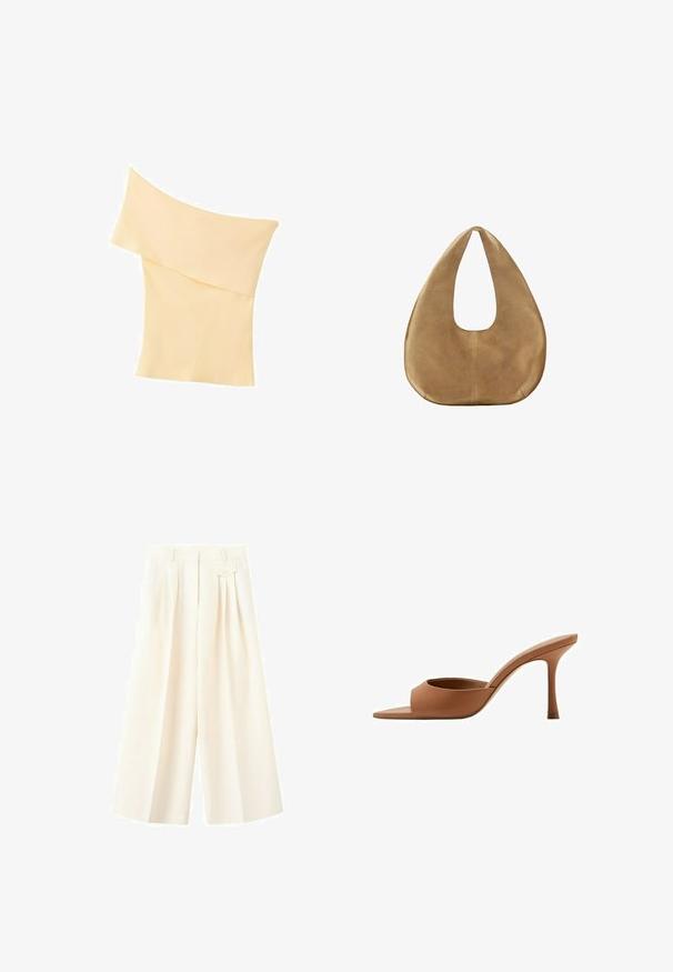 Haut en tricot côtelé couleur crème, à épaules dénudées, avec un large col plié et une coupe ajustée.; Pantalon crème taille haute à jambes larges avec plis à l'avant, une ceinture avec passants et une petite poche à rabat sur le côté droit.; Mule ouverte en cuir marron avec un talon haut fin et une large bride à l'avant, vue de profil sur fond blanc.; Sac hobo en daim couleur camel avec un corps large et arrondi et une seule anse plate, présenté sur fond blanc uni.